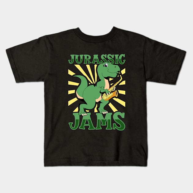 Jurassic Jams - TREX Saxophonist Kids T-Shirt by Modern Medieval Design